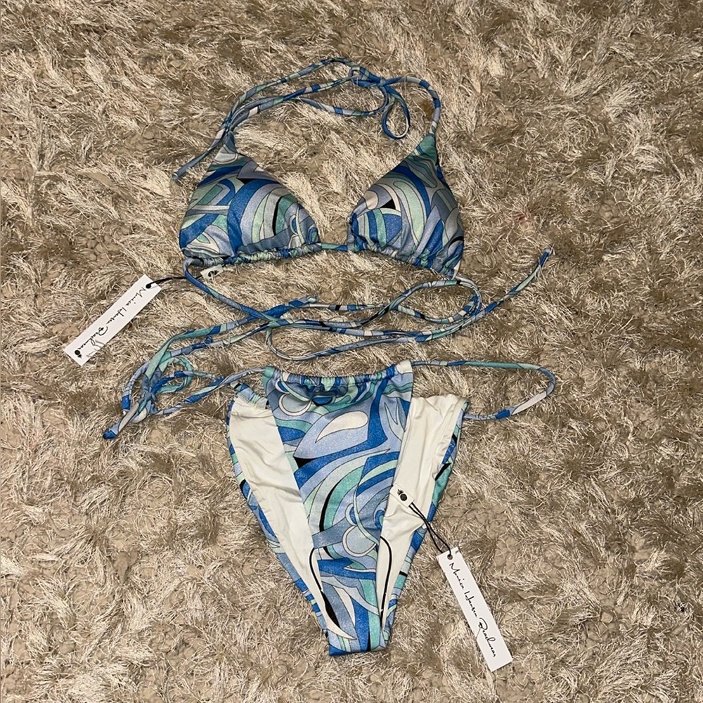 Vintage Chic Padded Triangle Bikini Top + Bottom Set BlueAbstractPrint NWT S